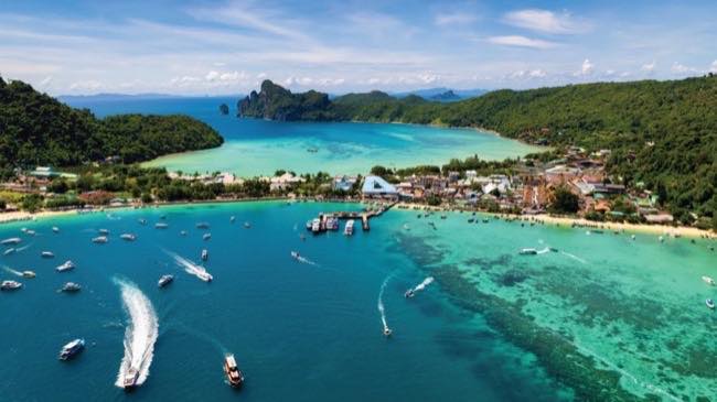 Aerial view of Phi Phi bay and pier